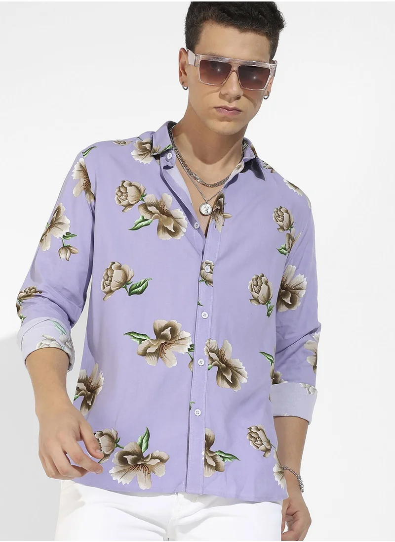 كامبوس سوترا Men's Lavender Floral Print Shirt
