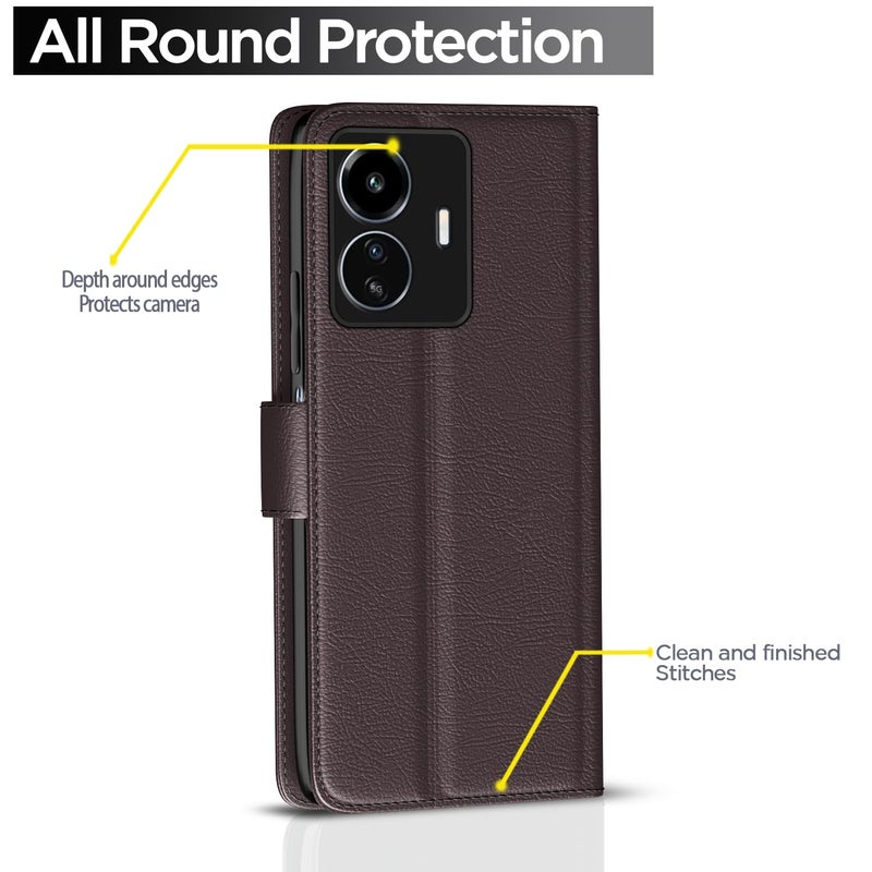 Pikkme iQoo Z6 Lite 5G Flip Case Leather Finish | Inside TPU with Card Pockets | Wallet Stand and Shock Proof | Magnetic Closing | Complete Protection Flip Cover for iQoo Z6 Lite 5G (Coffee) - Image 4