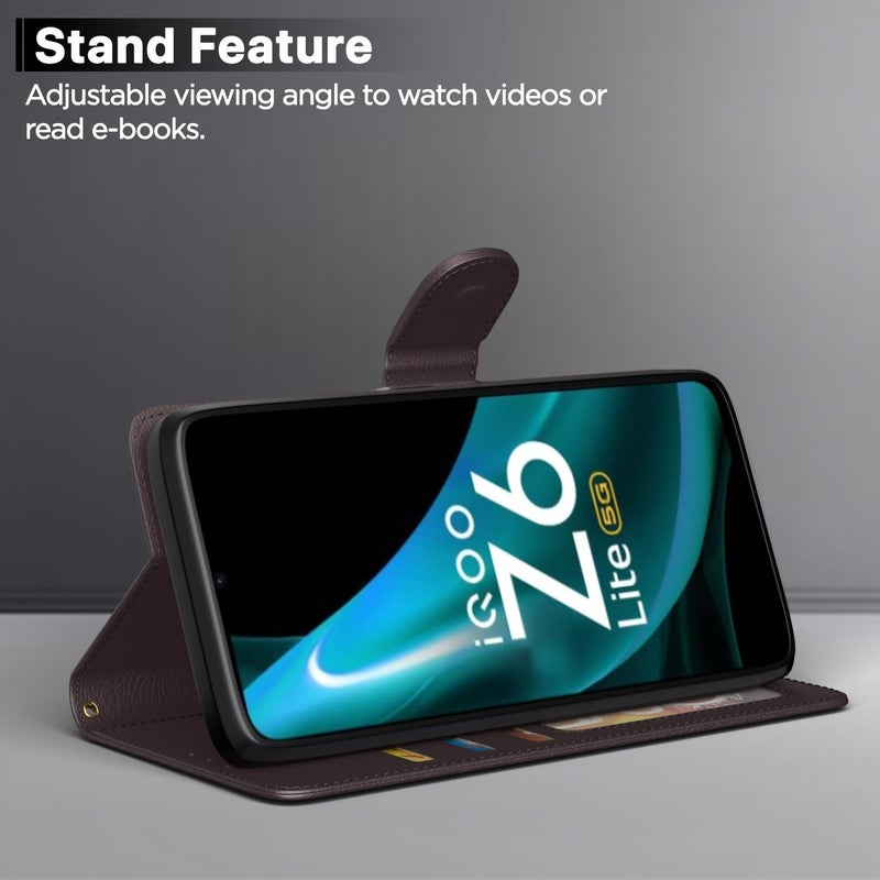 Pikkme iQoo Z6 Lite 5G Flip Case Leather Finish | Inside TPU with Card Pockets | Wallet Stand and Shock Proof | Magnetic Closing | Complete Protection Flip Cover for iQoo Z6 Lite 5G (Coffee) - Image 3