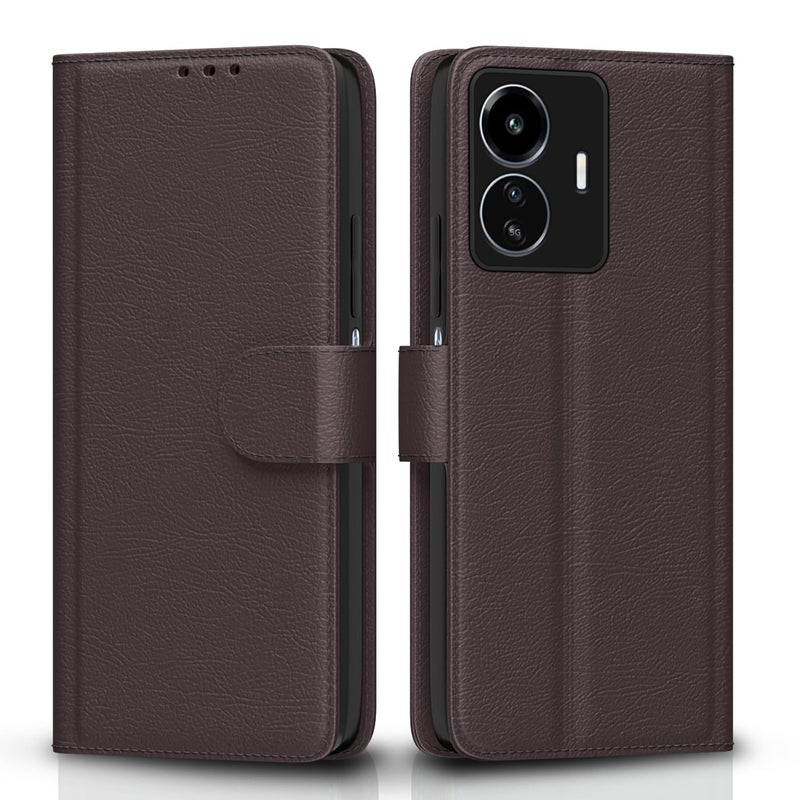Pikkme iQoo Z6 Lite 5G Flip Case Leather Finish | Inside TPU with Card Pockets | Wallet Stand and Shock Proof | Magnetic Closing | Complete Protection Flip Cover for iQoo Z6 Lite 5G (Coffee) - Image 1