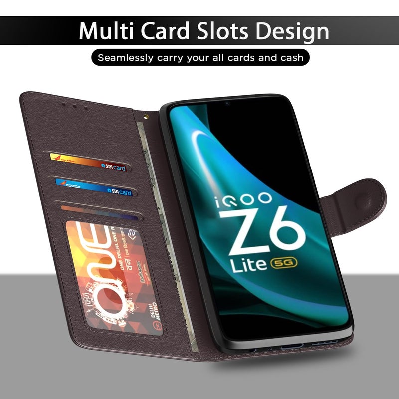 Pikkme iQoo Z6 Lite 5G Flip Case Leather Finish | Inside TPU with Card Pockets | Wallet Stand and Shock Proof | Magnetic Closing | Complete Protection Flip Cover for iQoo Z6 Lite 5G (Coffee) - Image 5