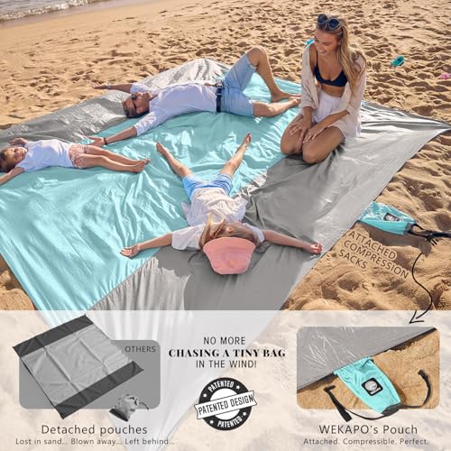 WEKAPO Beach Blanket - Sandproof Waterproof Extra Large Beach Mat | Oversized Sand-Free Lightweight Quick-Drying | Beach Vacation Essentials with Stakes & Corner Pockets (Grey, 7x7 FT) - Image 3