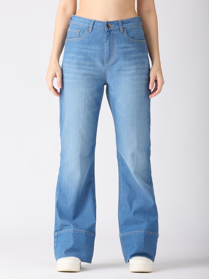 globus Globus Women Cotton Stretch Solid Mid-Rise Wide Bottom Hem Bootcut Jeans  - Image 2