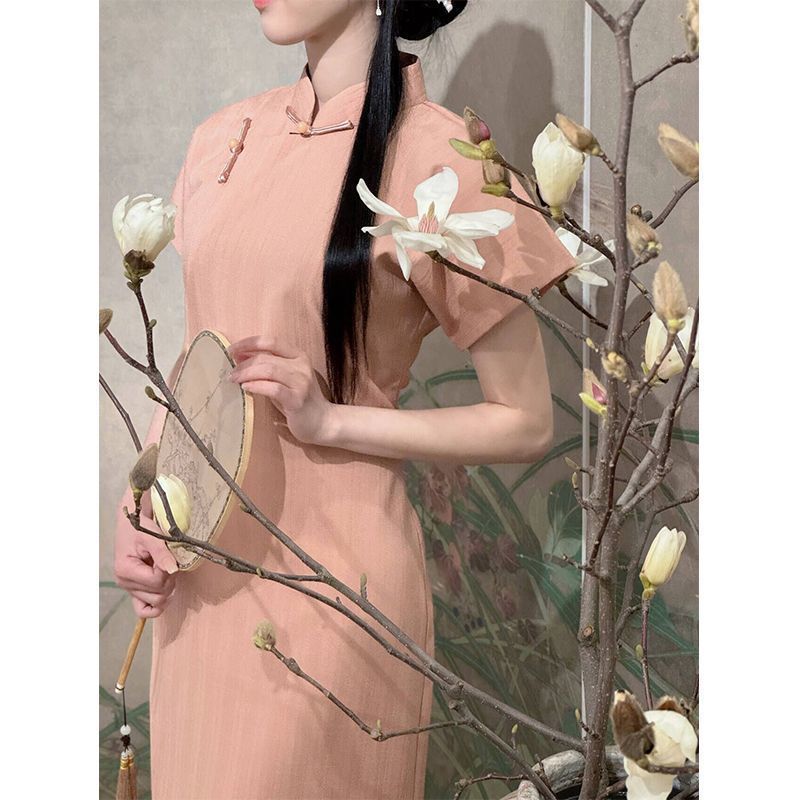 Cool New Chinese Pink Cheongsam 2024 New Summer Republic of China Style Young Girls Full Cardigan Ancient Style Daily Orange Pink-Cheongsam Dress 