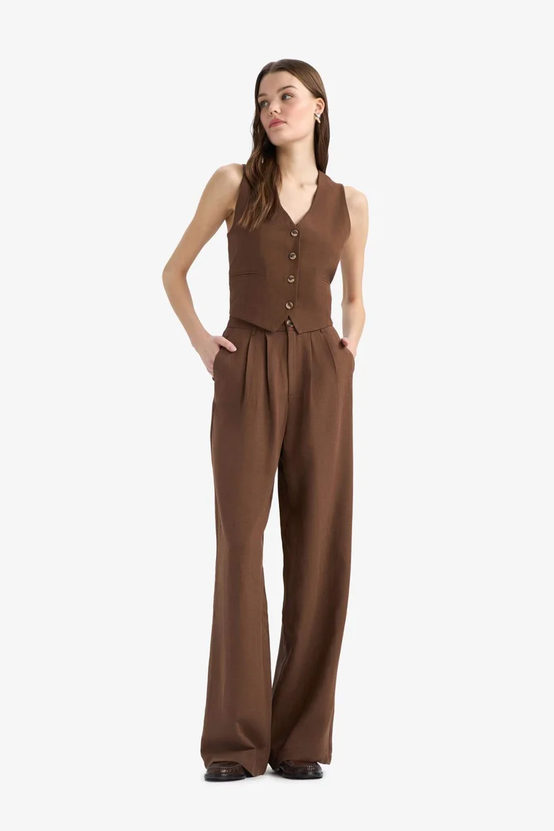 ديفاكتو Wide Leg Zippered Normal Waist Linen Blend Trousers