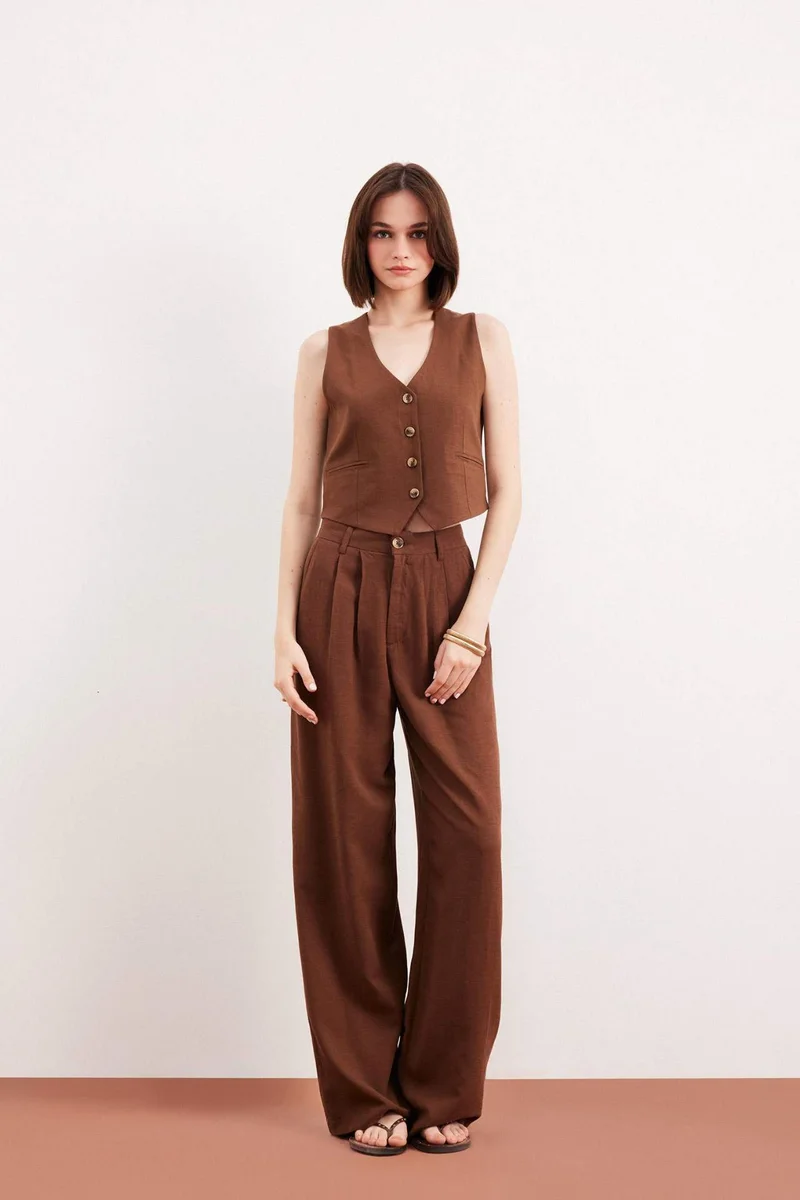 ديفاكتو Wide Leg Zippered Normal Waist Linen Blend Trousers