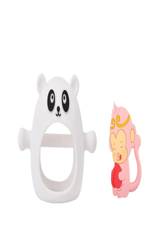 Rukan 2-Pack Never Drop Panda Teether - Monkey Multi-Textured Surface for Babies 3-12 Months, Easy-Grip Sensory Toy (White & Pink) - Image 1