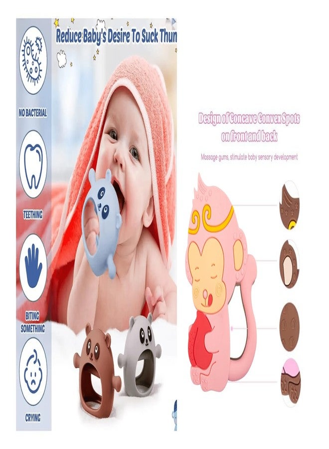 Rukan 2-Pack Never Drop Panda Teether - Monkey Multi-Textured Surface for Babies 3-12 Months, Easy-Grip Sensory Toy (White & Pink) - Image 2