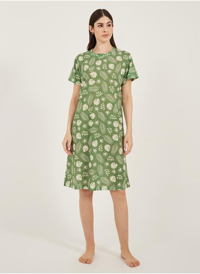 Styli - Leaf Printed Dropped Shoulder Sleep T-Shirt - Image 1