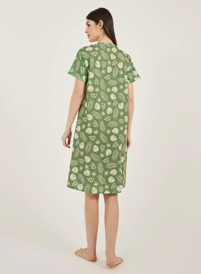 Styli Leaf Printed Dropped Shoulder Sleep T-Shirt