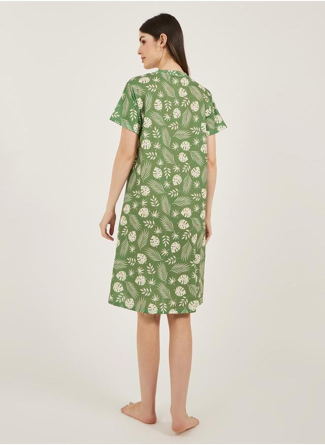 Styli - Leaf Printed Dropped Shoulder Sleep T-Shirt - Image 1