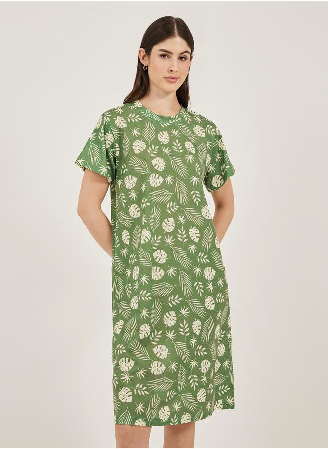 Styli - Leaf Printed Dropped Shoulder Sleep T-Shirt - Image 1