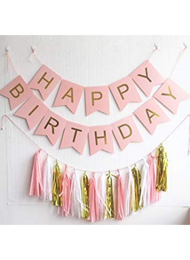 Balloonistics - Pastel Happy Birthday Letter Hanging Paper Board Banners (Pink & Golden) - Image 1