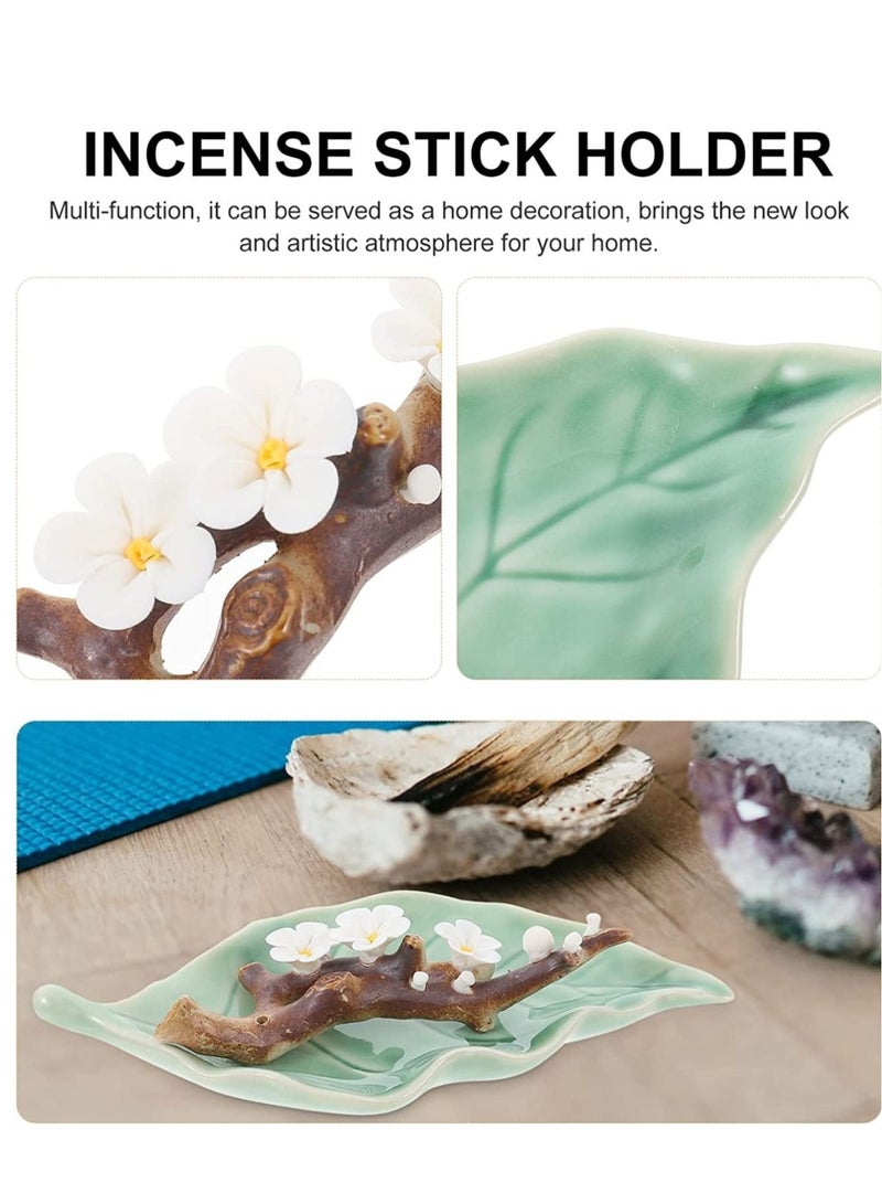 كابتن تيك Ceramic Incense Stick Burner Holder: Japanese Style Handmade Cherry Blossom Incense Burner Holder Leaf Shape Ash Catcher Inscent Tray Decorative Gift Home Decor White - Image 5