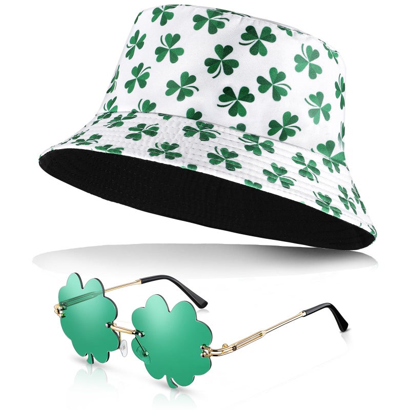 Cozypower St. Patricks Day Accessories St. Patricks Day Bucket Hat Clover Four Leaf Glasses Irish Green Hat for Women Men(Shamrock) - Image 1