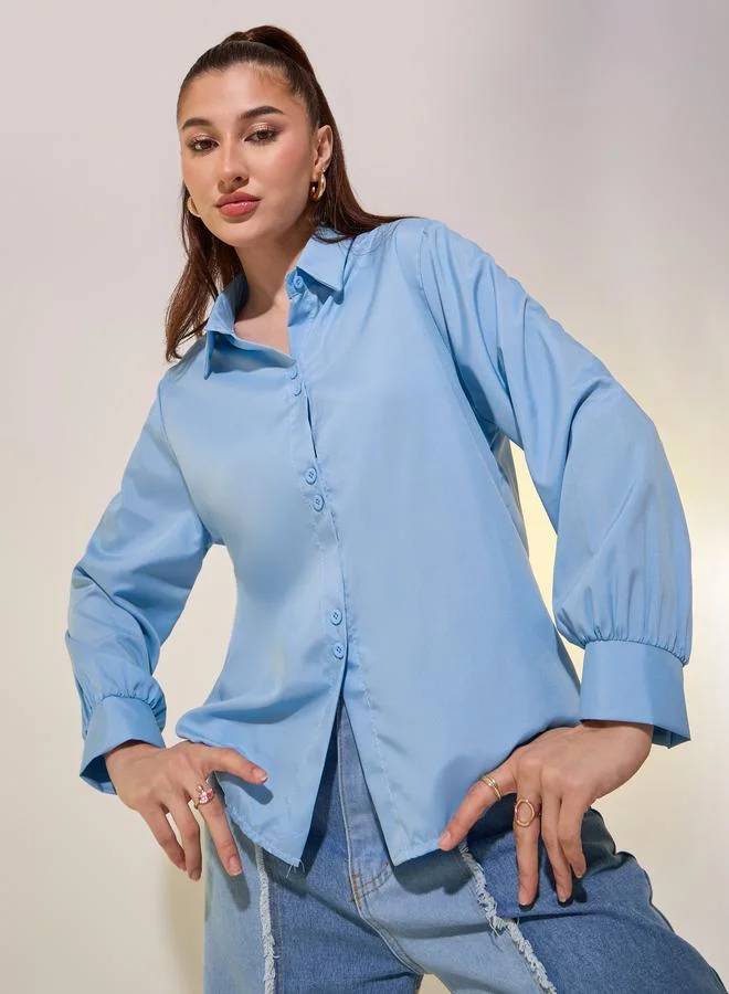 Take Two Take Two Women Blue Solid Long Sleeve Oversized Shirt
