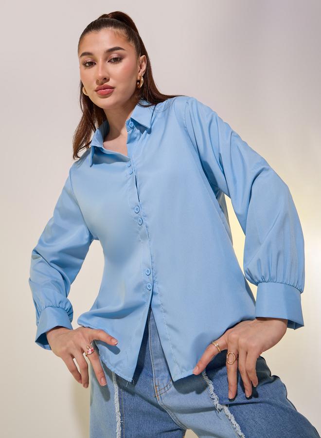 تايك تو قميص نسائي أزرق سادة بأكمام طويلة فضفاض - Image 1