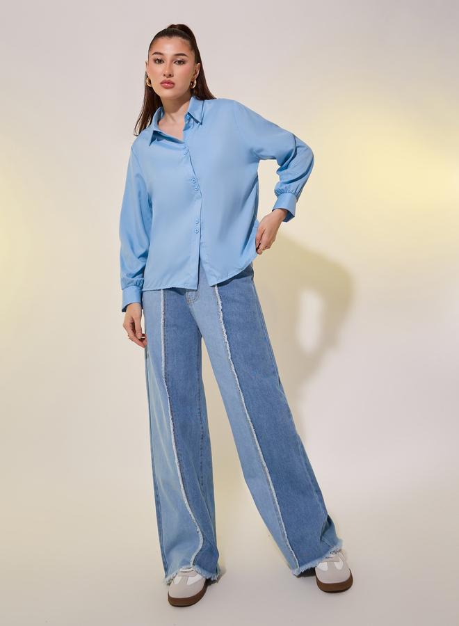 تايك تو قميص نسائي أزرق سادة بأكمام طويلة فضفاض - Image 2