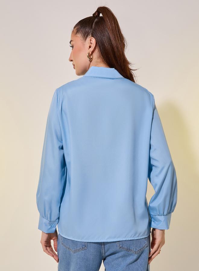 تايك تو قميص نسائي أزرق سادة بأكمام طويلة فضفاض - Image 4
