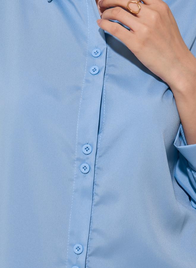 تايك تو قميص نسائي أزرق سادة بأكمام طويلة فضفاض - Image 3