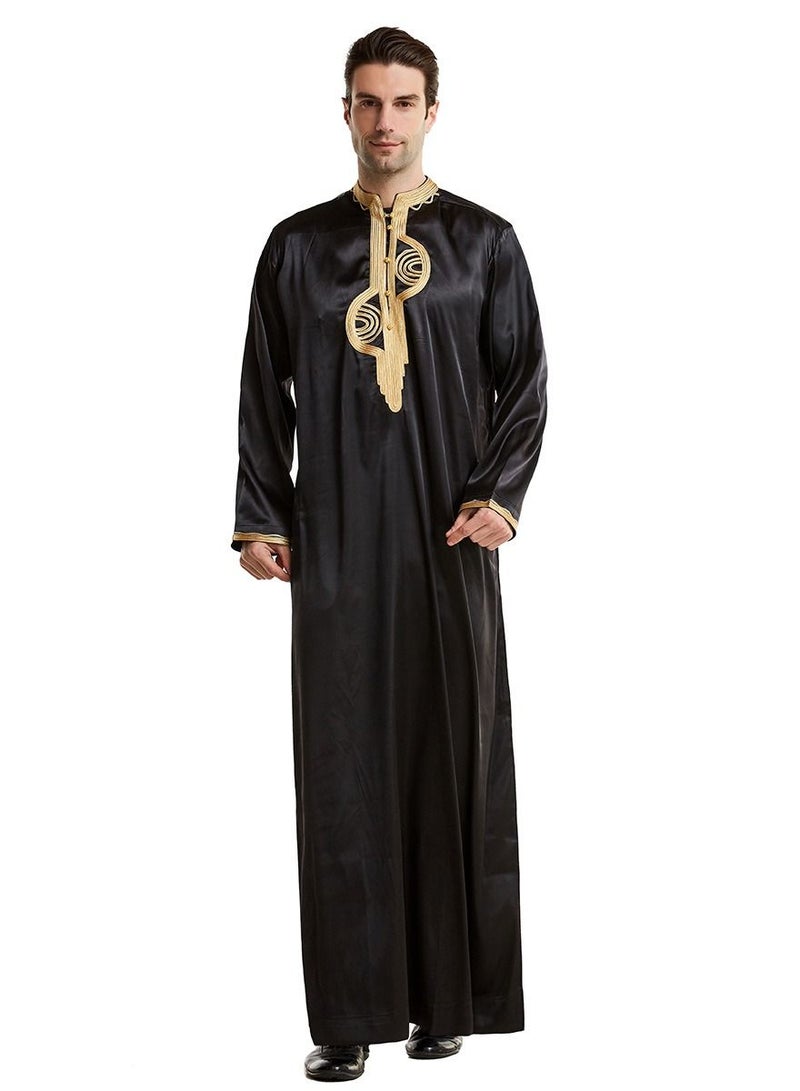 إسكدنيا Mens Stand Collar Embroidery Long Sleeve Kaftan Robe With Pockets And Button Islamic Arabic Abaya Black
