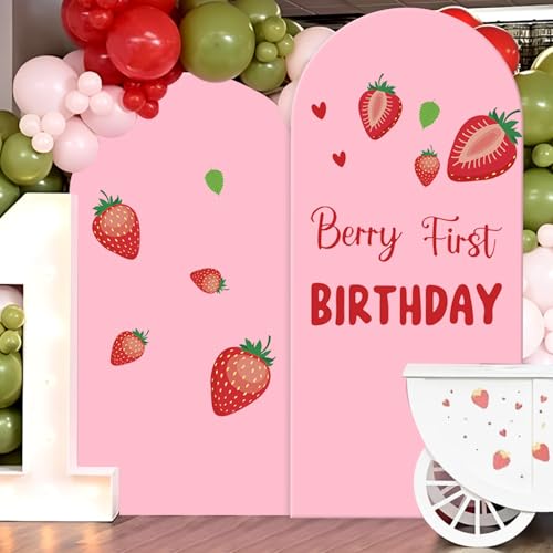 Newleafly Set of 2 Arch Backdrop Cover 72FT 6FT Pink and Berry First Birthday Decal Sign Adjustable Round Top Chiara Backdrop Stand Covers for Wedding Birthday Party Baby Shower Banquet Decoration - Image 1