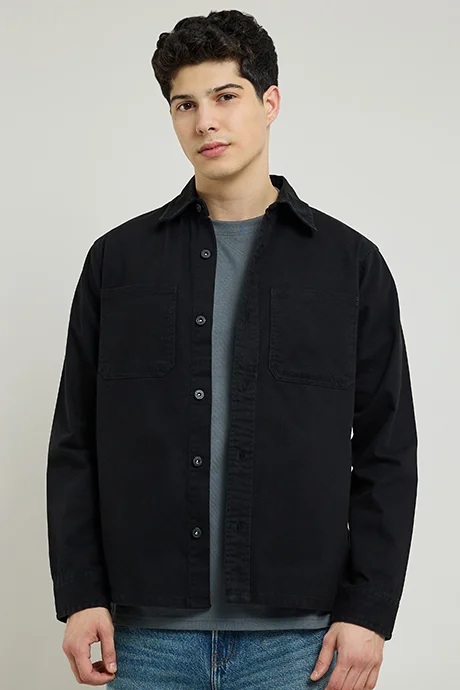 أر أند بي Solid Denim Shirt with Classic Collar and Long Sleeves