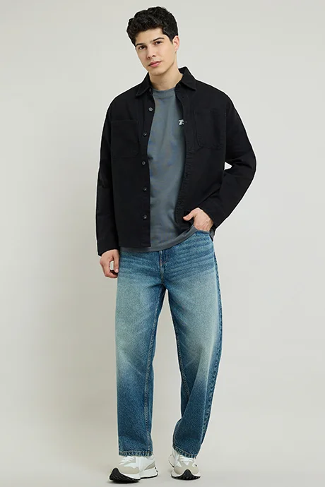 أر أند بي Solid Denim Shirt with Classic Collar and Long Sleeves