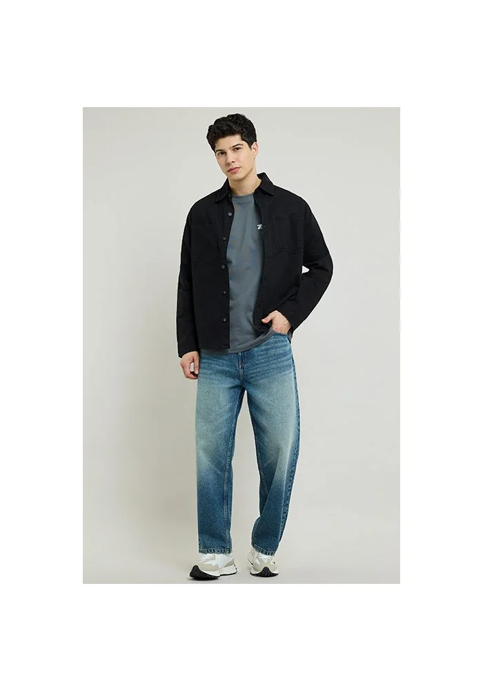 أر أند بي Solid Denim Shirt with Classic Collar and Long Sleeves