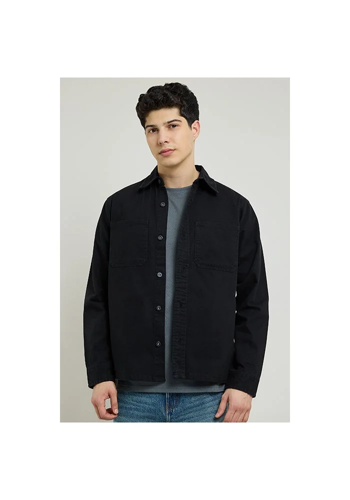 أر أند بي Solid Denim Shirt with Classic Collar and Long Sleeves