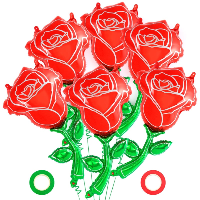 YOTHORN 6 Pcs Red Rose Balloons,37 Inch Giant Rose Foil Balloons,Red Flower Balloon Valentines Day Balloon for Birthday Wedding Valentines Day Flower Theme Party Decoration - Image 1