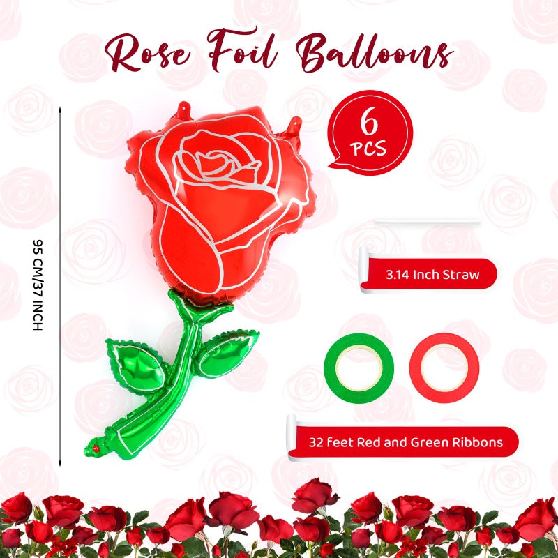 YOTHORN 6 Pcs Red Rose Balloons,37 Inch Giant Rose Foil Balloons,Red Flower Balloon Valentines Day Balloon for Birthday Wedding Valentines Day Flower Theme Party Decoration - Image 2