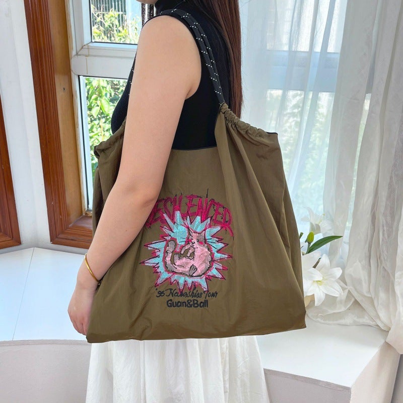 Japanese Embroidered Nylon Underarm Bag – Medium Black Constellation Commuter Bag for Women - Image 4