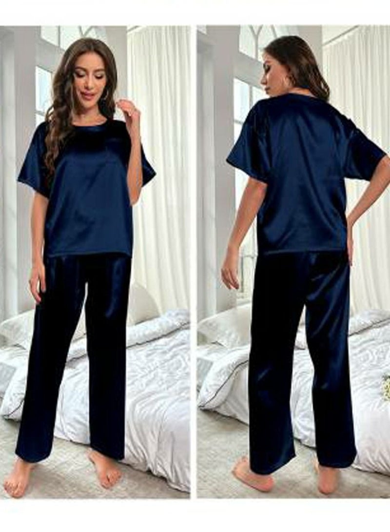Loquat Women's Solid Color 2-Piece Set Nightgown Sleepwear Short Sleeve Top And Pants Soft Loungewear Pajamas  Suit Navy Blue  - Image 2
