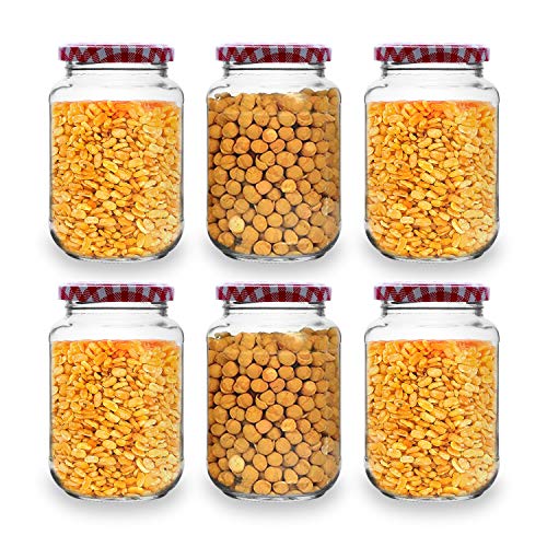 CROCO JAR Transparent Glass Containers for Kitchen 500ml, Air Tight Lid Glass Jar For Herbs, Foods, Jams, Liquid, Small Spice Jars - 500 ml Glass Pickle Jar (Pack Of 6, Red Chex) - Image 1