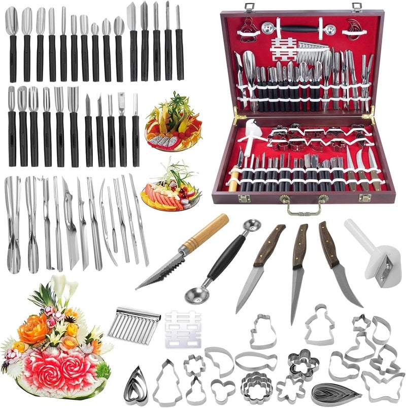 Krbnk 80-Piece Stainless Steel Fruit Carving Tools Set - Professional Watermelon Carving Knife Kit with Ergonomic Handles & Portable Wood Box, Durable Fruit Cutting Tools for Culinary Arts, Sculpting - Image 1