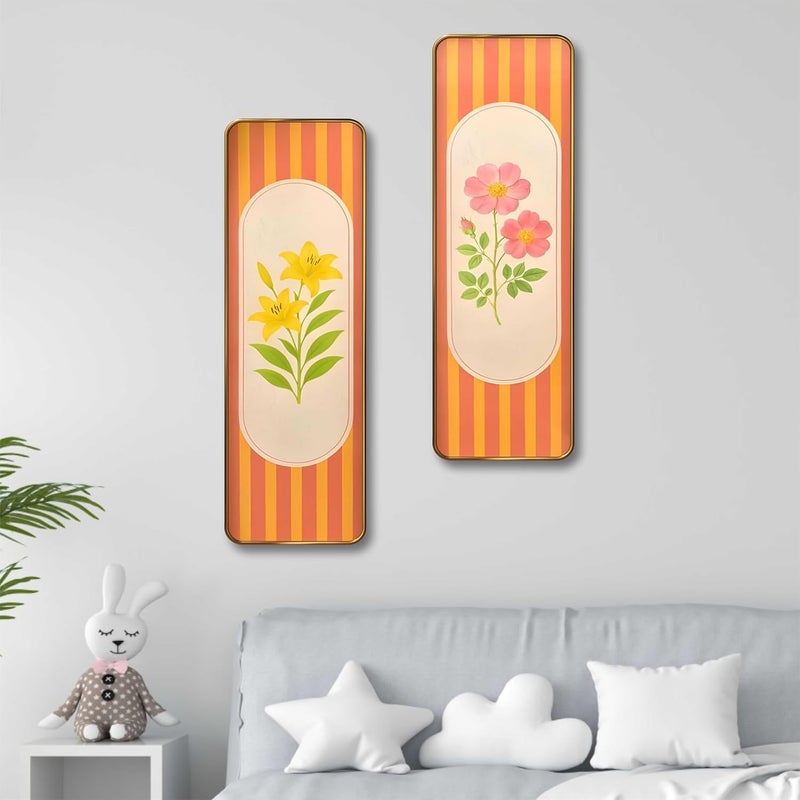 SAF Striped Floral Set of 2 Vertical MDF Wall Panels | Premium Sparkle Lamination Finish | Modern Yellow & Pink Flower Art for Living Room & Bedroom Wall Décor (12 x 18 Inch) AS-02 - Image 3