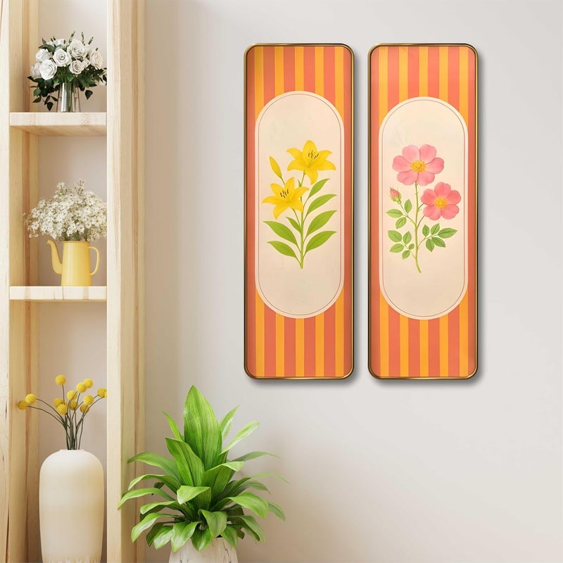 SAF Striped Floral Set of 2 Vertical MDF Wall Panels | Premium Sparkle Lamination Finish | Modern Yellow & Pink Flower Art for Living Room & Bedroom Wall Décor (12 x 18 Inch) AS-02 - Image 1