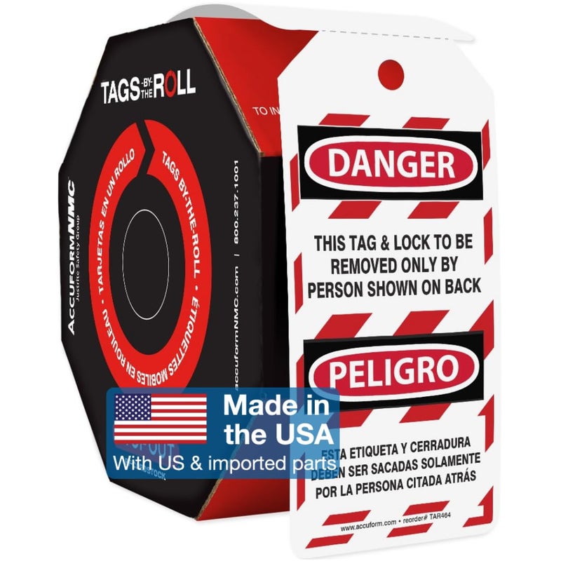 AccuformNMC 100 Lockout Tags byTheRoll Bilingual Danger This Tag Lock to Be Removed Only by Person Shown On Back US Made OSHA Compliant Waterproof PFCardstock Resists Tears 625x3 TAR464