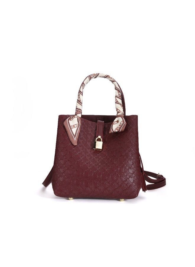 كارولينا هيريرا حقيبة دلو نسائية صغيرة باللون الأحمر النبيذي مع نقش CH المائل المطبوع وشريط قابل للإزالة قفل ومفتاح وشال حرير فاخرة أنيقة مصغرة ومريحة للرحلة اليومية - Image 1