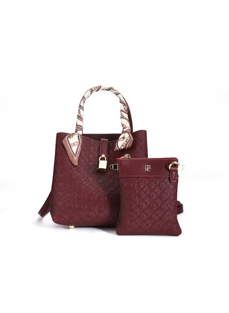 كارولينا هيريرا حقيبة دلو نسائية صغيرة باللون الأحمر النبيذي مع نقش CH المائل المطبوع وشريط قابل للإزالة قفل ومفتاح وشال حرير فاخرة أنيقة مصغرة ومريحة للرحلة اليومية - Image 2