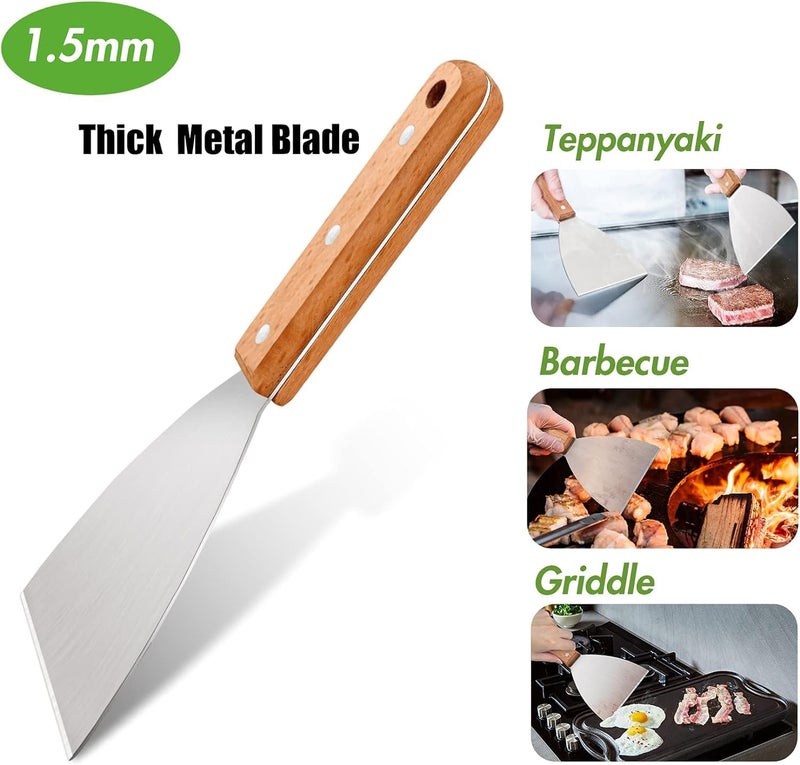 Baskety Stainless Steel Slant Grill Griddle Spatula Scraper Diner Flat Straight Blade Wood Handle Grill Scraper - Image 3