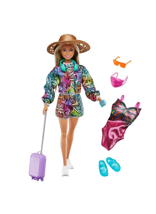Barbie Doll & Accessories Holiday Fun Summer Travel Doll With Rainbow Jogger Top And Shorts Swimsuit Luggage And More  - Image 2