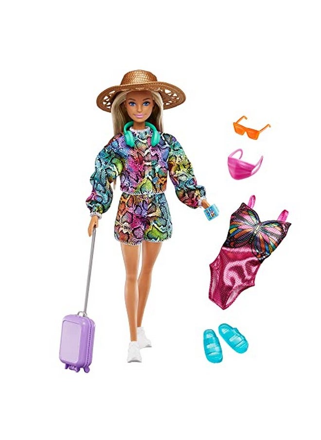 Barbie Doll & Accessories Holiday Fun Summer Travel Doll With Rainbow Jogger Top And Shorts Swimsuit Luggage And More  - Image 1
