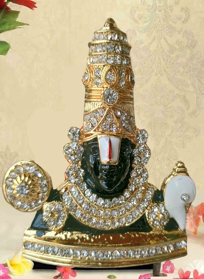 BEXCO Stone Studded Gold Finish Lord Venkateswara Statue 3" X 3" inches Tirupati Balaji Idol for Car Dashboard Gift Temple Pooja Spiritual - 8 cm - Image 1
