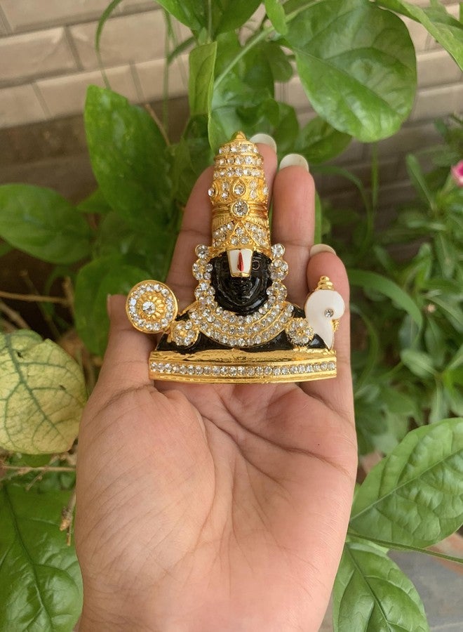 BEXCO Stone Studded Gold Finish Lord Venkateswara Statue 3" X 3" inches Tirupati Balaji Idol for Car Dashboard Gift Temple Pooja Spiritual - 8 cm - Image 2