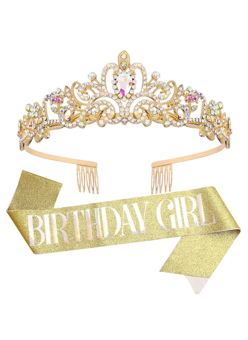 Velscrun Birthday Tiara Crowns, Tiara for Women AB Rhinestone, Happy Birthday Queen Tiara for Women, Birthday Crown for Girls, Birthday Girl Tiara, Crowns with Birthday Girl Sash, Gold Crowns for Women 