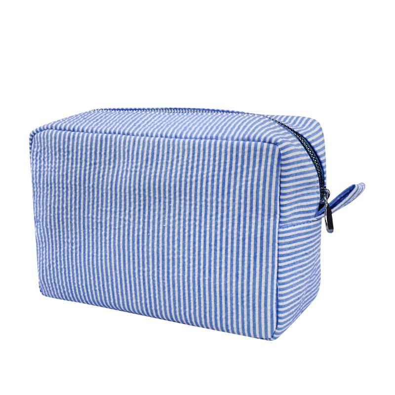 GFU Makeup Bag for Women, Cute Cosmetic Bag, Lightweight Toiletry Make up Bag, Large Seersucker Aesthetic Organizer Storage Pouch for Girls, Women and Moms Gifts, Blue - Image 1