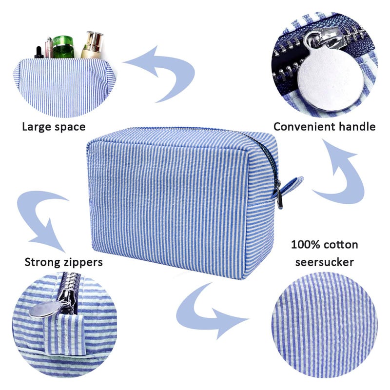 GFU Makeup Bag for Women, Cute Cosmetic Bag, Lightweight Toiletry Make up Bag, Large Seersucker Aesthetic Organizer Storage Pouch for Girls, Women and Moms Gifts, Blue - Image 2