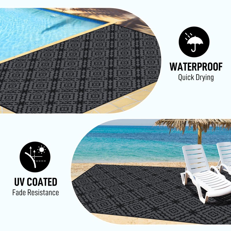 GOTGELIF Outdoor Camping Rug Waterproof 9x18FT, Large Reversible Stain&UV Resistant Plastic Straw RV Rug for Outside Patio Pool Deck Beach Indoor, Area Carpet Mat with Portable Bag&4 Stakes-Black Grey - Image 3